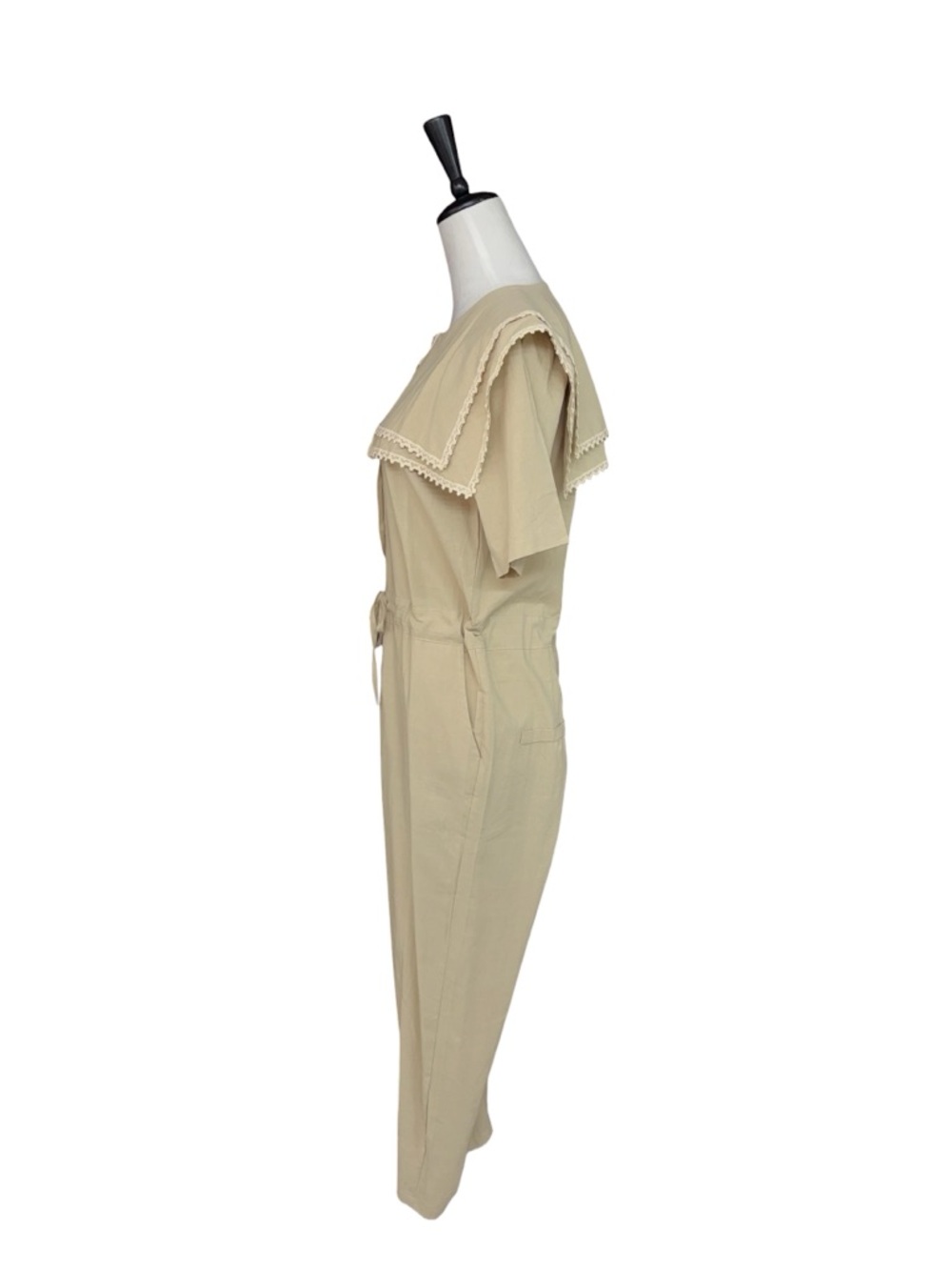 Cherrykoko Beige Lace Collar Jumpsuit Wide Leg Tie Waist Romper - Picture 3 of 14